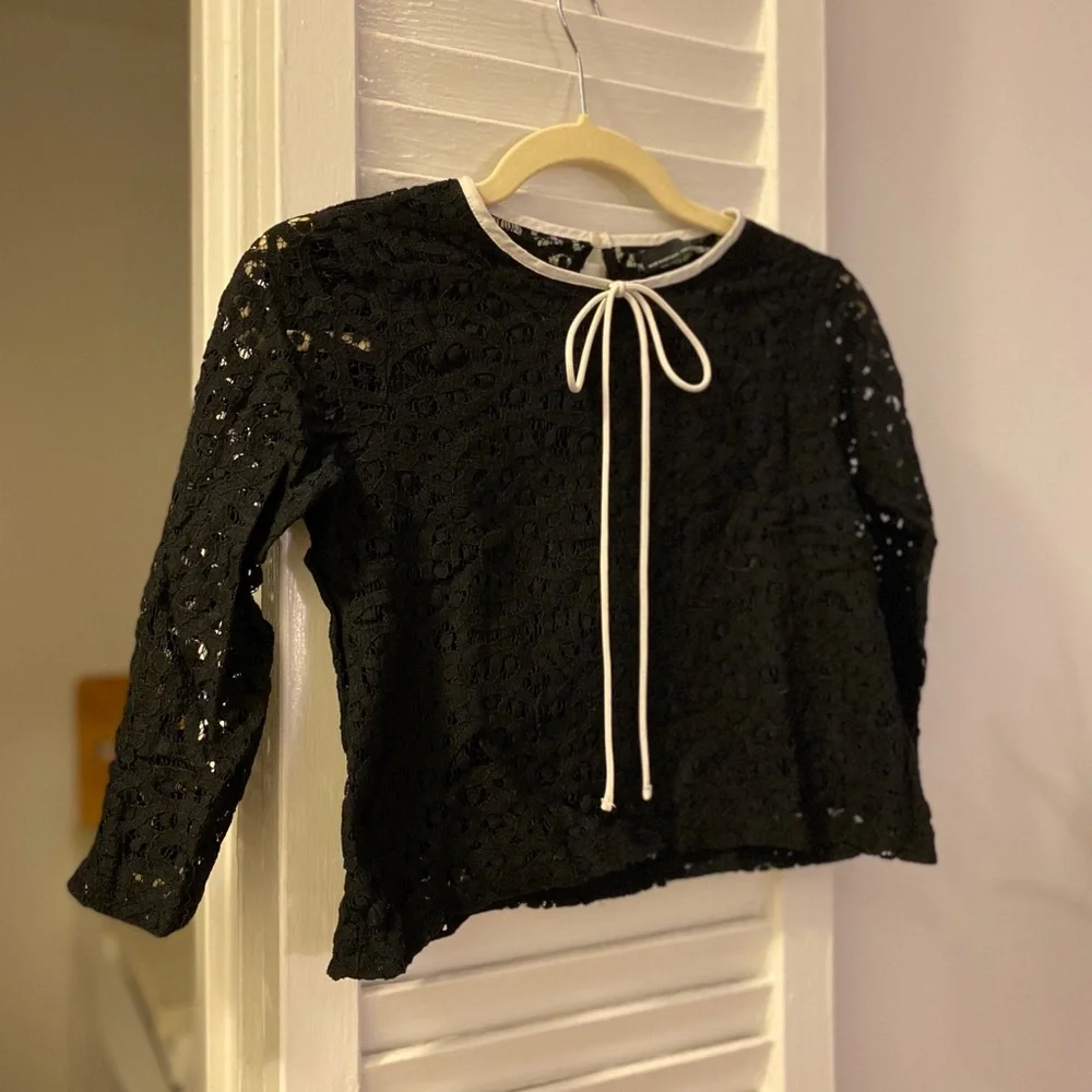 Zara Black Lace Long Sleeve Top | Size S | White Tie Detail
